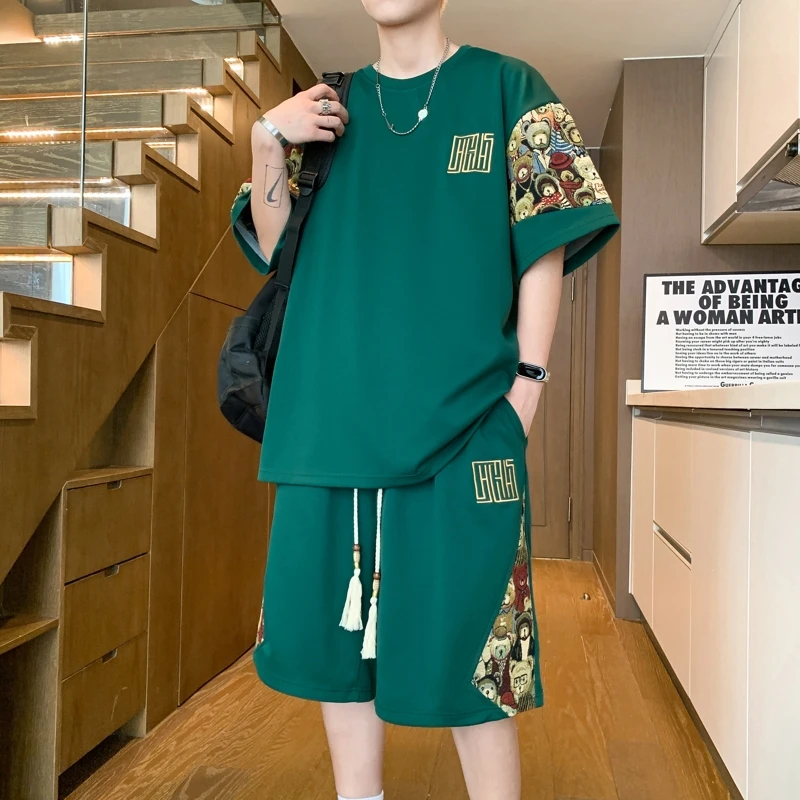 新中式休闲套装男夏季宽松薄款短袖短裤两件套国风大码t恤运动服