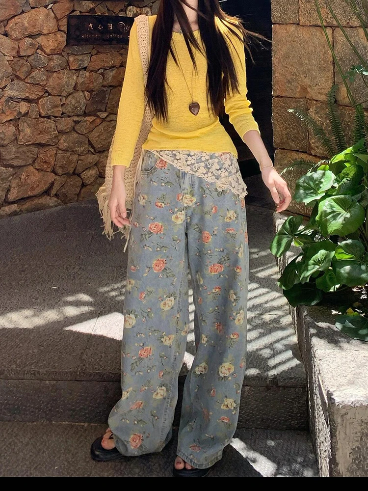 大码美式印花牛仔裤女2025夏季新款设计感高腰遮胯显瘦拖地阔腿裤