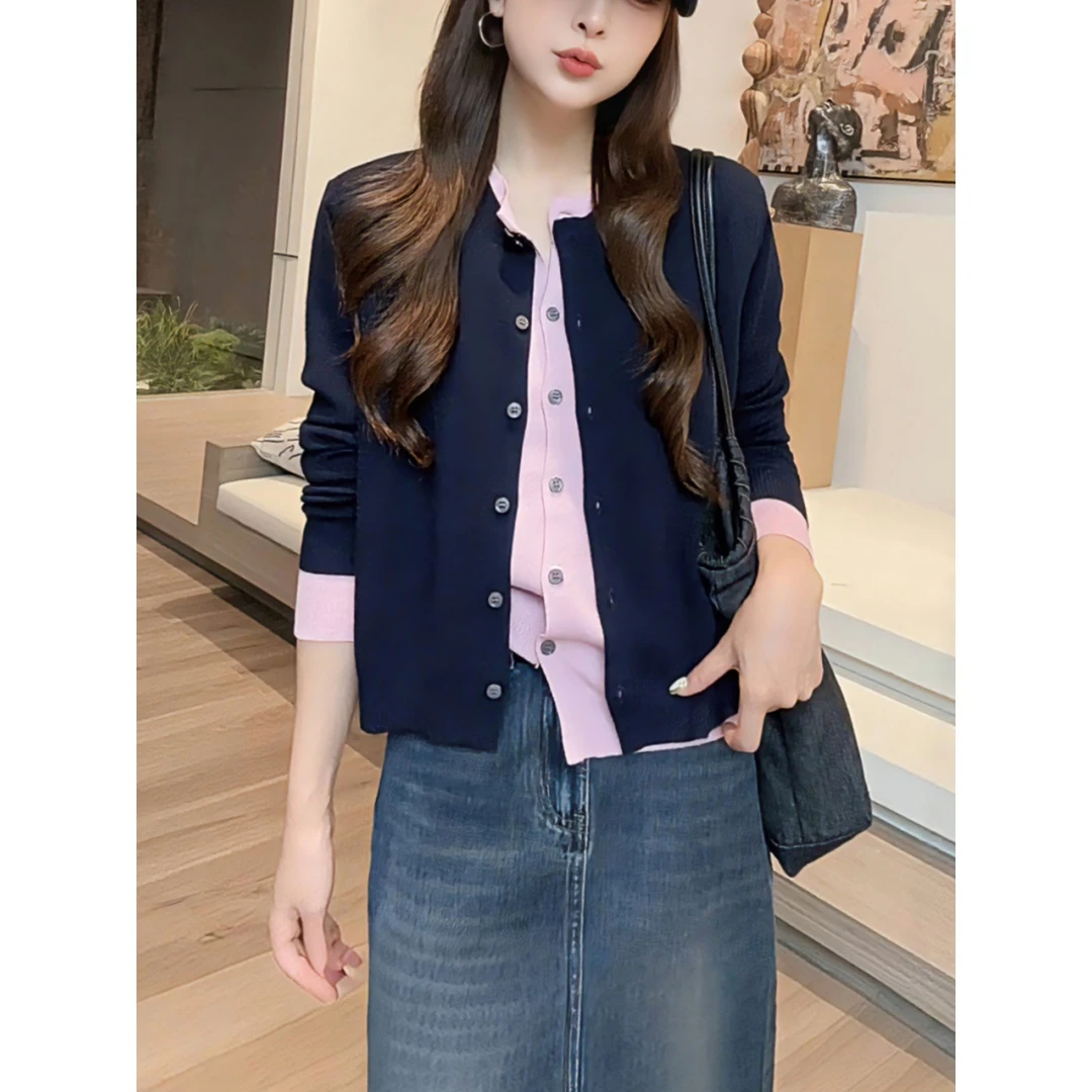 设计感撞色假两件长袖针织衫女早秋新款时尚洋气小众短款百搭上衣