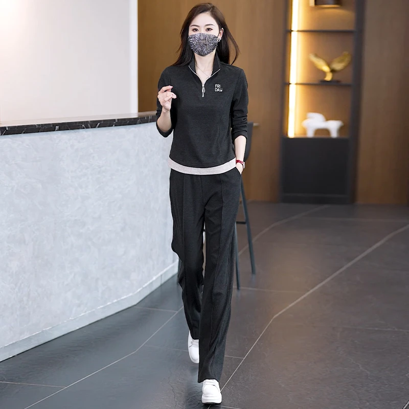 大码时尚套装2025春季新款休闲显瘦简约假两件立领上衣裤子两件套