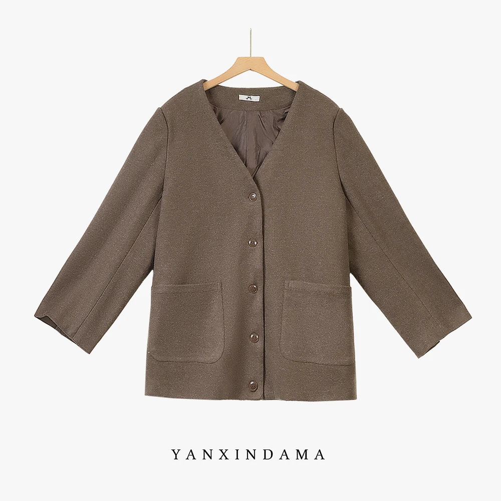 【岩心】大码女装300斤胖MM设计感百搭美拉德风气质毛呢外套10097