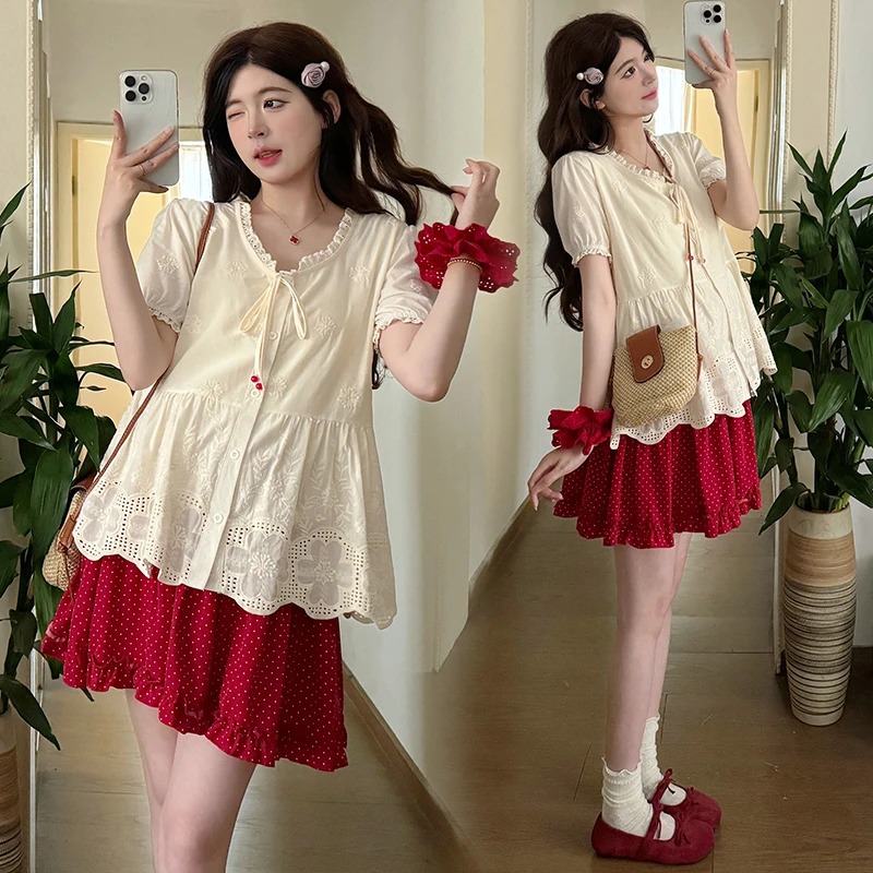 减龄孕妇装套装夏季新品宽松蕾丝短袖上衣+波点半身裙短裙两件套