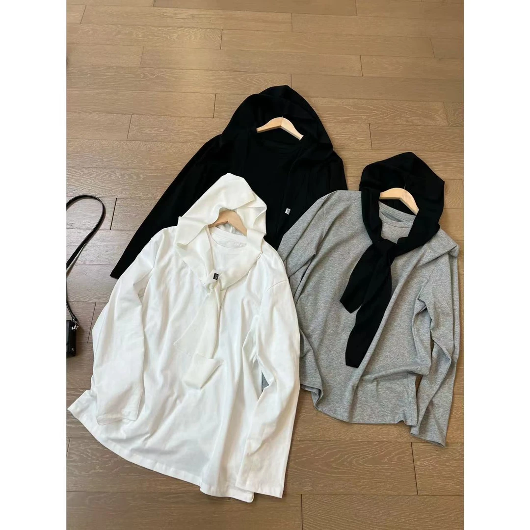 2024早秋 假两件披肩款大版圆领长袖T恤 2407B3105