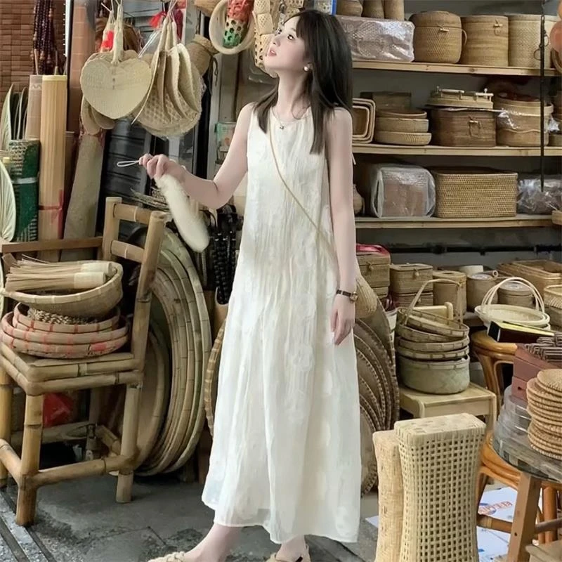 温柔风立体剪花刺绣拼接白色连衣裙设计感甜美气质圆领无袖背心裙