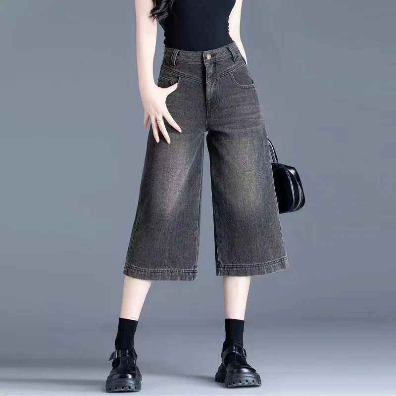 复古七分牛仔裤女宽松美式高街裤子阔腿高腰显瘦中裤小个子裤子女
