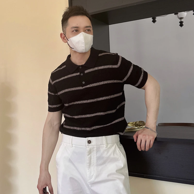 春夏季新款男士商务休闲短袖针织POLO衫修身韩版青年百搭条纹上衣