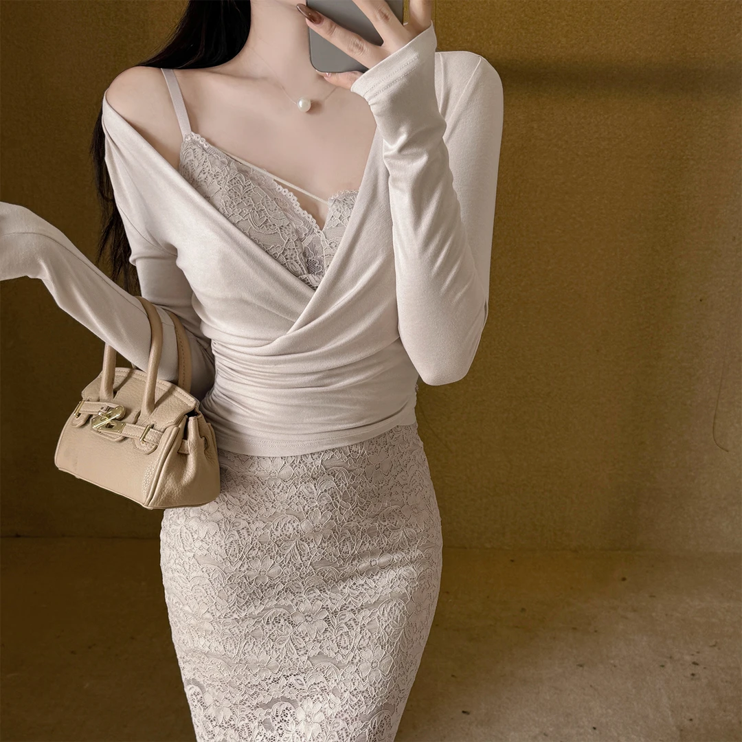 运补6-8 原创设计感纯欲气质连衣裙套装女温柔风蕾丝御姐包臀中裙