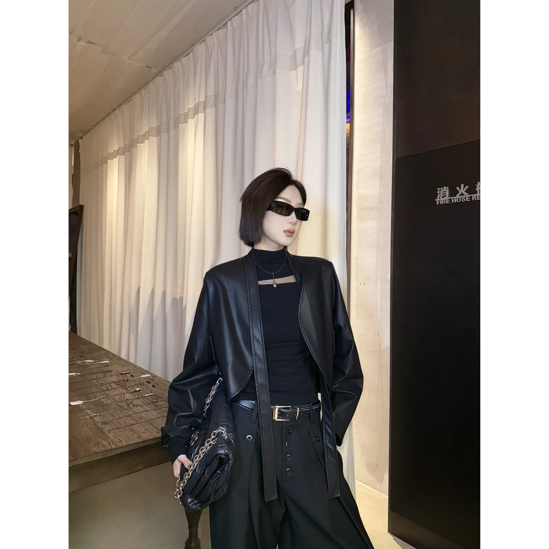 邓蕾婷【都市精致】秋季新款飘带设计小众洋气时尚气质百搭皮衣外套