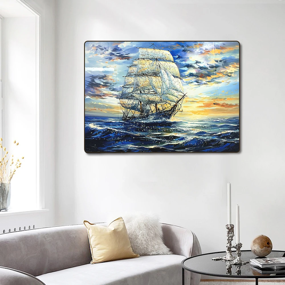 DF275免打钉镶钻现代轻奢一帆风顺风景客厅装饰画书房玄关装饰画