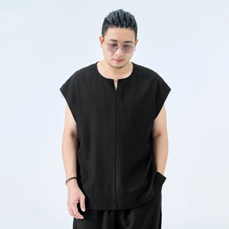 半墨大码男装梭织麻感新中式背心夏季新款宽松无袖胖子上衣男3198