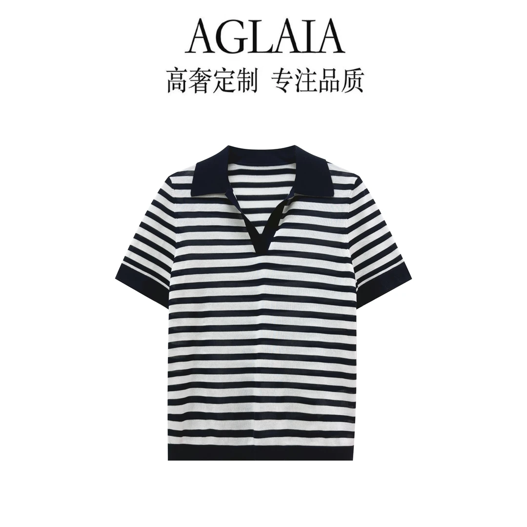 AGLAIA2025夏季翻领经典黑白条纹短袖针织轻奢通勤T恤上衣女6058