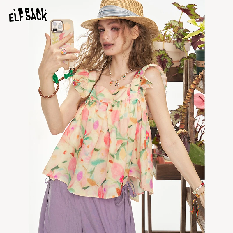 妖精的口袋碎花方领小飞袖衬衫女2025年夏季新款法式甜美气质小衫