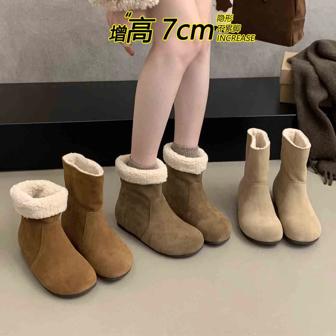 7cm内增高加绒勃肯短靴复古厚底雪地靴秋冬新款靴子加绒保暖棉鞋