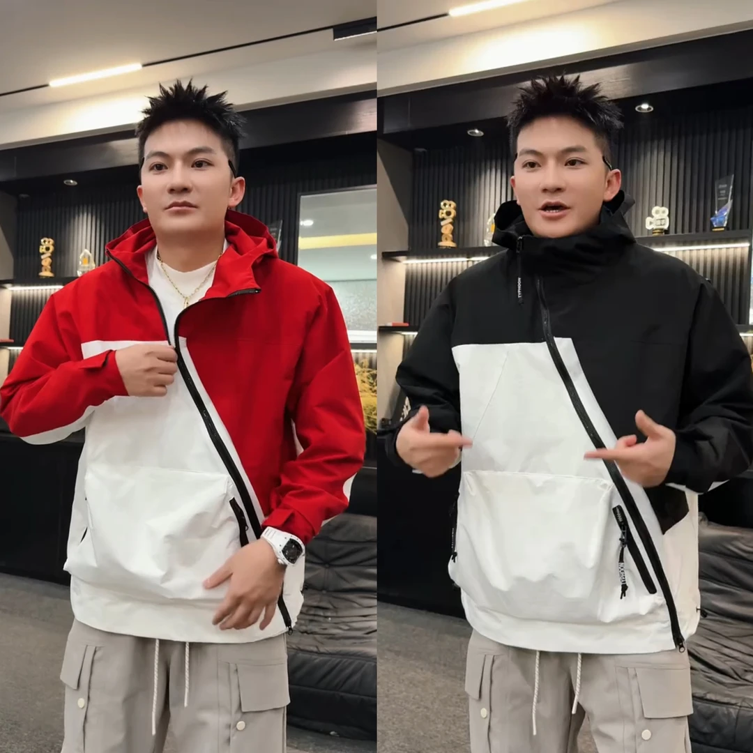 秋季新款潮牌工装大口袋斜拉链情侣夹克时尚百搭休闲防风连帽外套