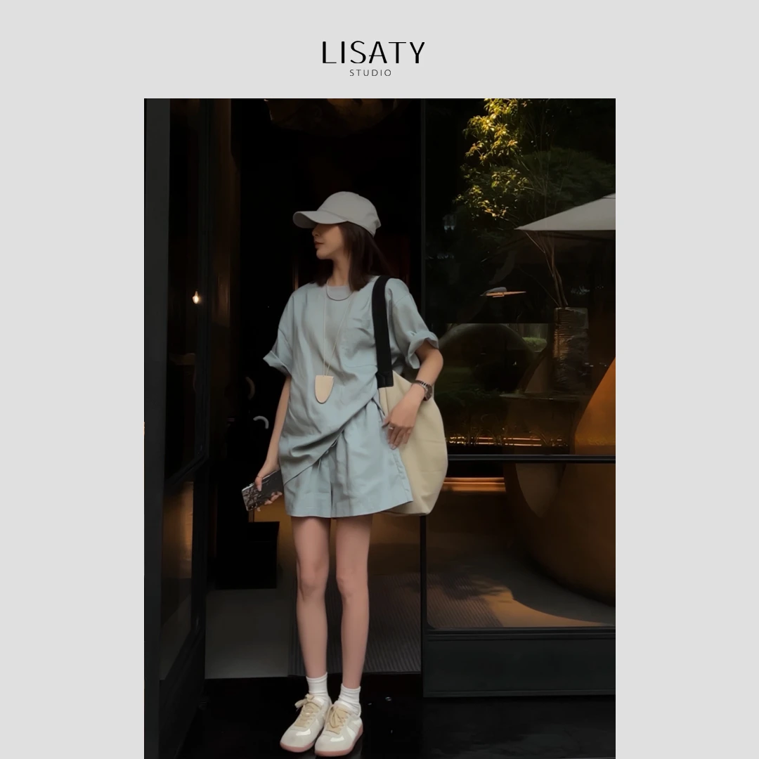 LISATY 亚麻系列 100%亚麻砂洗透气短袖圆领T恤上衣+短裤套装