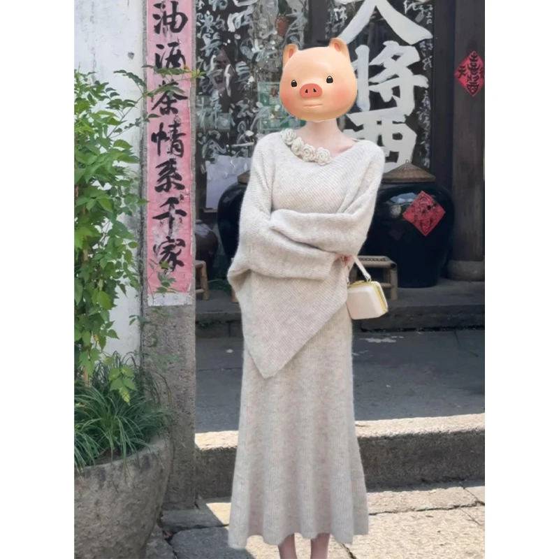 巨好看的韩系早秋穿搭一整套绿色立体花朵斜肩毛衣半身裙两件套装