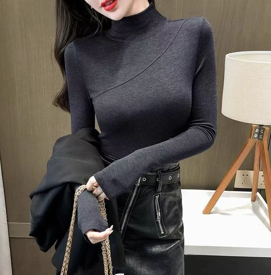 加绒加厚半高领打底衫女秋冬内搭2025新款洋气保暖上衣t恤潮