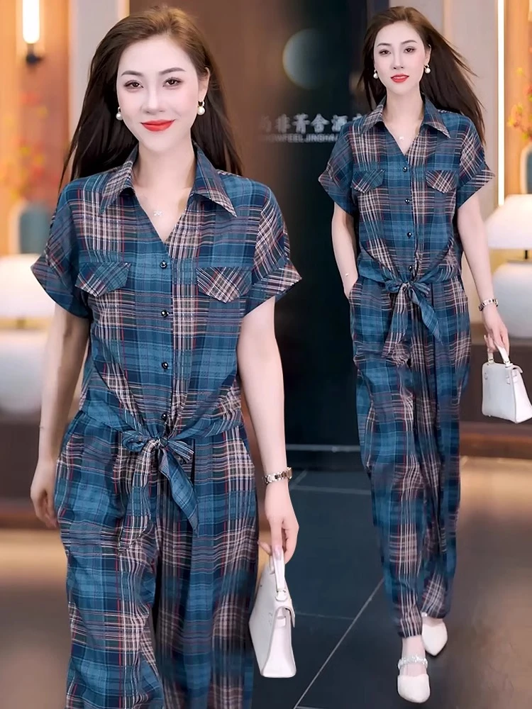 时尚休闲格子套装女2025夏季新款洋气质减龄衬衣阔腿裤垂感两件套