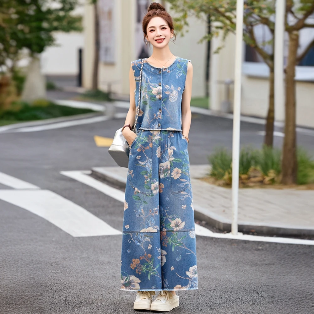 复古时尚印花牛仔套装女2025夏季新气质显瘦阔腿裤休闲洋气两件套