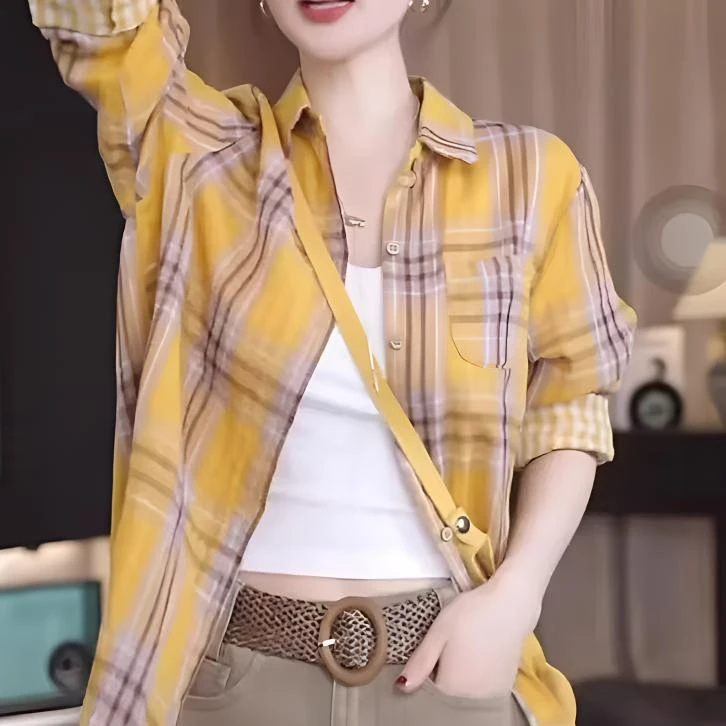 复古格子衬衫女百搭洋气韩版叠穿2025夏季新款高级感休闲上衣2175