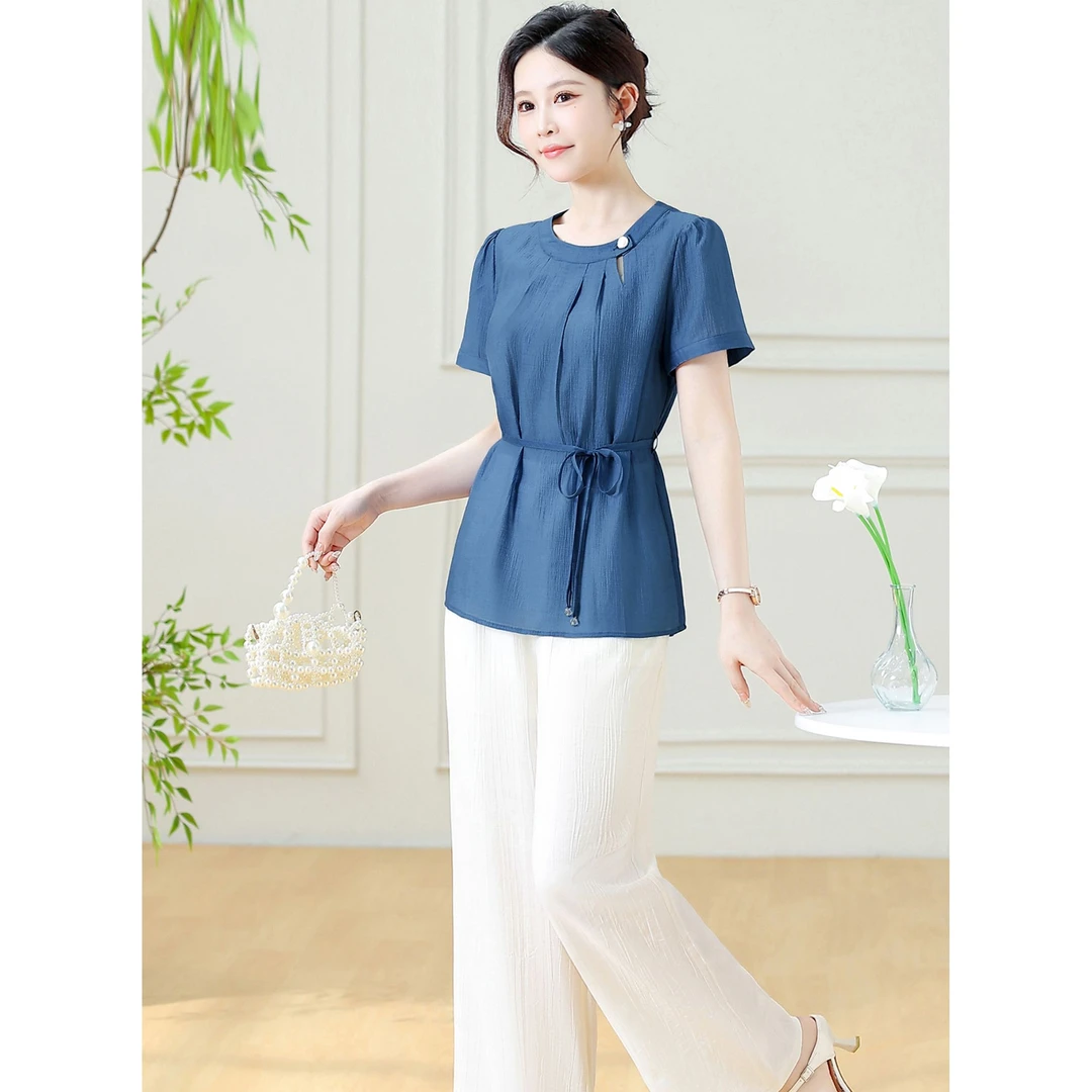 短袖复古阔腿裤显瘦宽松套装时尚套装洋气通勤风收腰