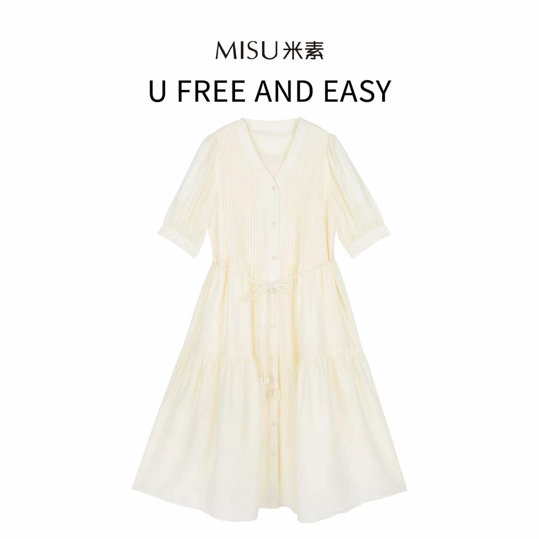 MISU米素气质时尚法式泡泡袖百搭设计感连衣裙125X664