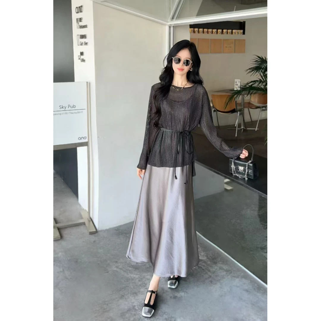 【送运费险】森米微秋季新款时尚气质设计感针织罩衫搭配吊带裙套装