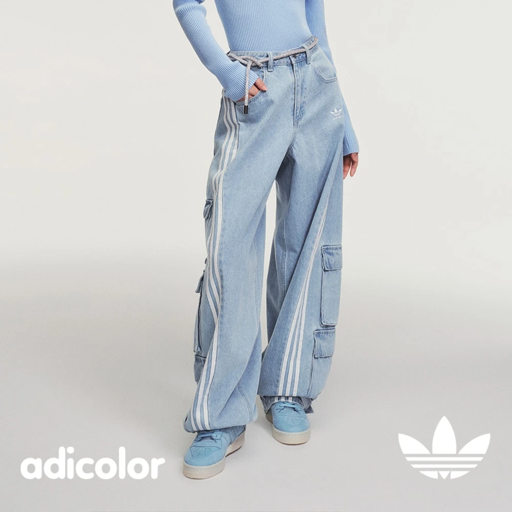 Adidas三叶草限定款纯棉牛仔高街直筒宽松运动扭扭裤长裤  JY4515