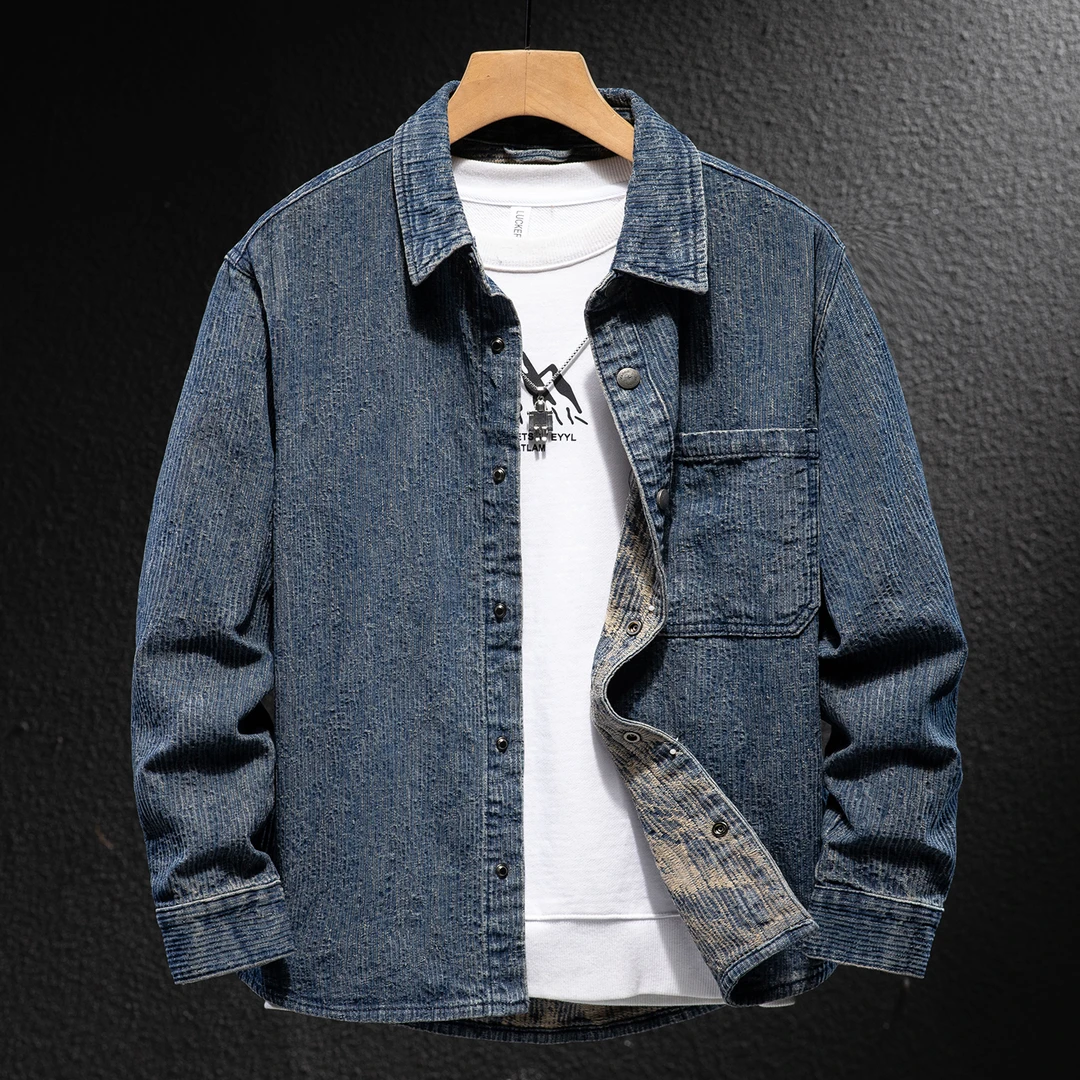 MR.MUDI/穆迪先生美式条纹提花牛仔衬衫男士宽松水洗秋季夹克外套