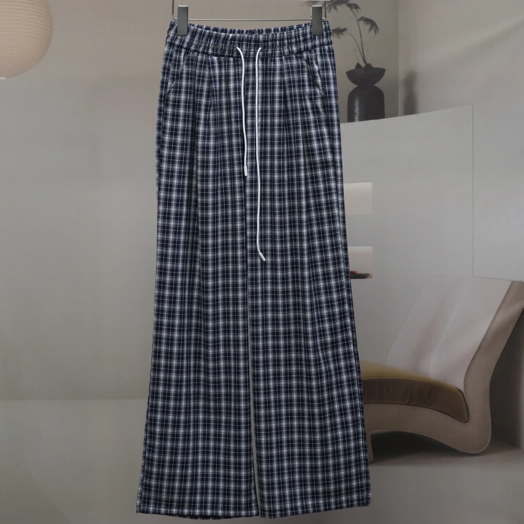 【9792】高品质原创设计藏蓝色复古格子直筒裤D