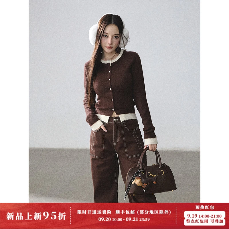 Lulusmiracle【温暖相拥】李小璐同款秋季褐色针织衫+牛仔裤套装