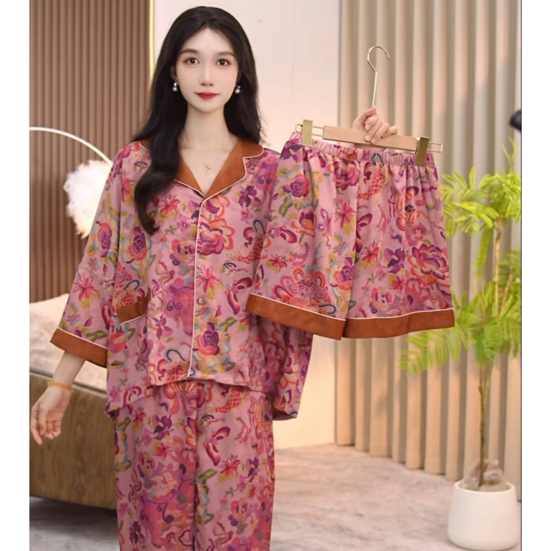 琪琪家【1年年有余】舒适睡衣女士套装可外穿家居服七分袖三件套BQQ