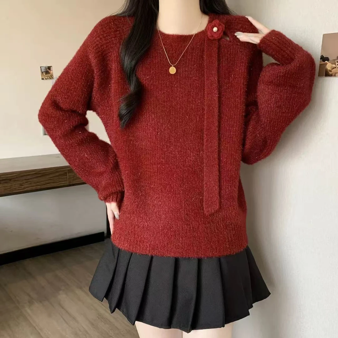 [易小慧]飘带镂空设计感甜美毛衣时尚洋气打底针织衫