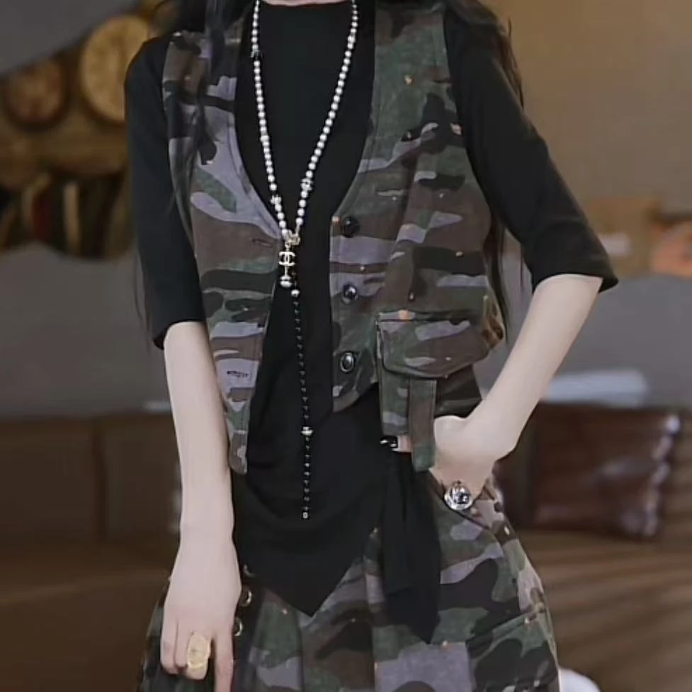 单边口袋迷彩夏季短款马甲马夹休闲时尚