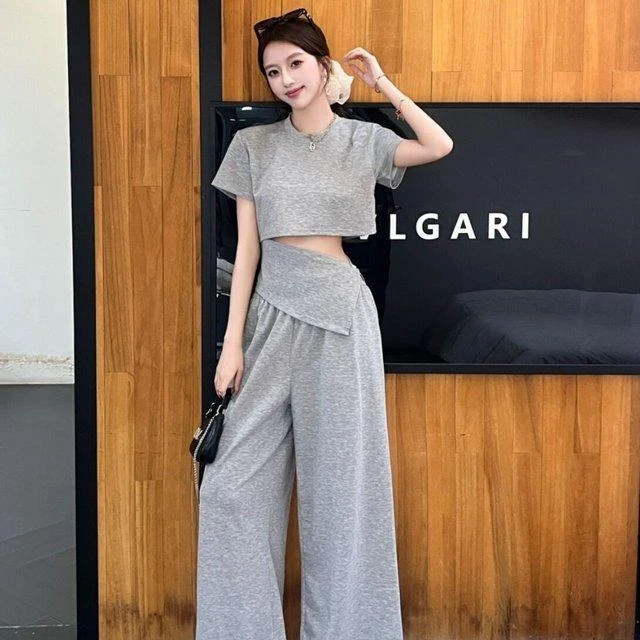 夏季时尚露腰辣妹时尚套装不规则假两件上衣T恤+高腰阔腿裤两件套