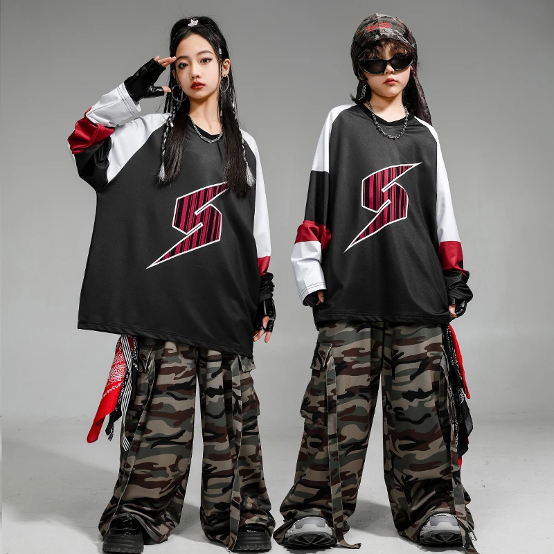 街舞儿童潮服男女童酷帅长袖T恤迷彩裤嘻哈hiphop架子鼓表演出服