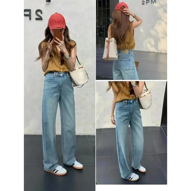 8202春夏新款高腰窄版牛仔裤百搭休闲宽松显瘦阔腿牛仔裤小个子女