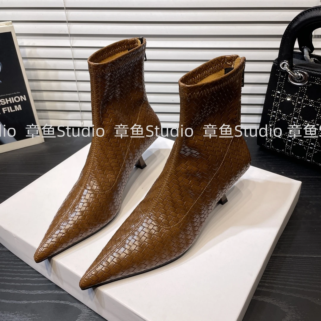 编织细跟尖头短靴女高跟靴子2025秋冬新款女靴小众瘦瘦靴短筒靴