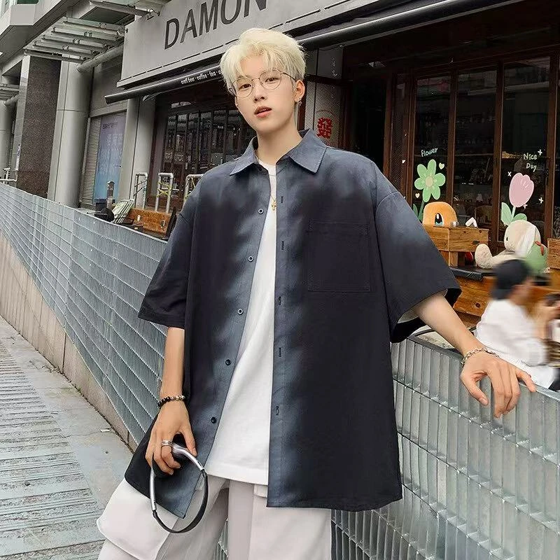 小众高街设计撞色短袖T恤衬衫设计感宽松上衣男-590