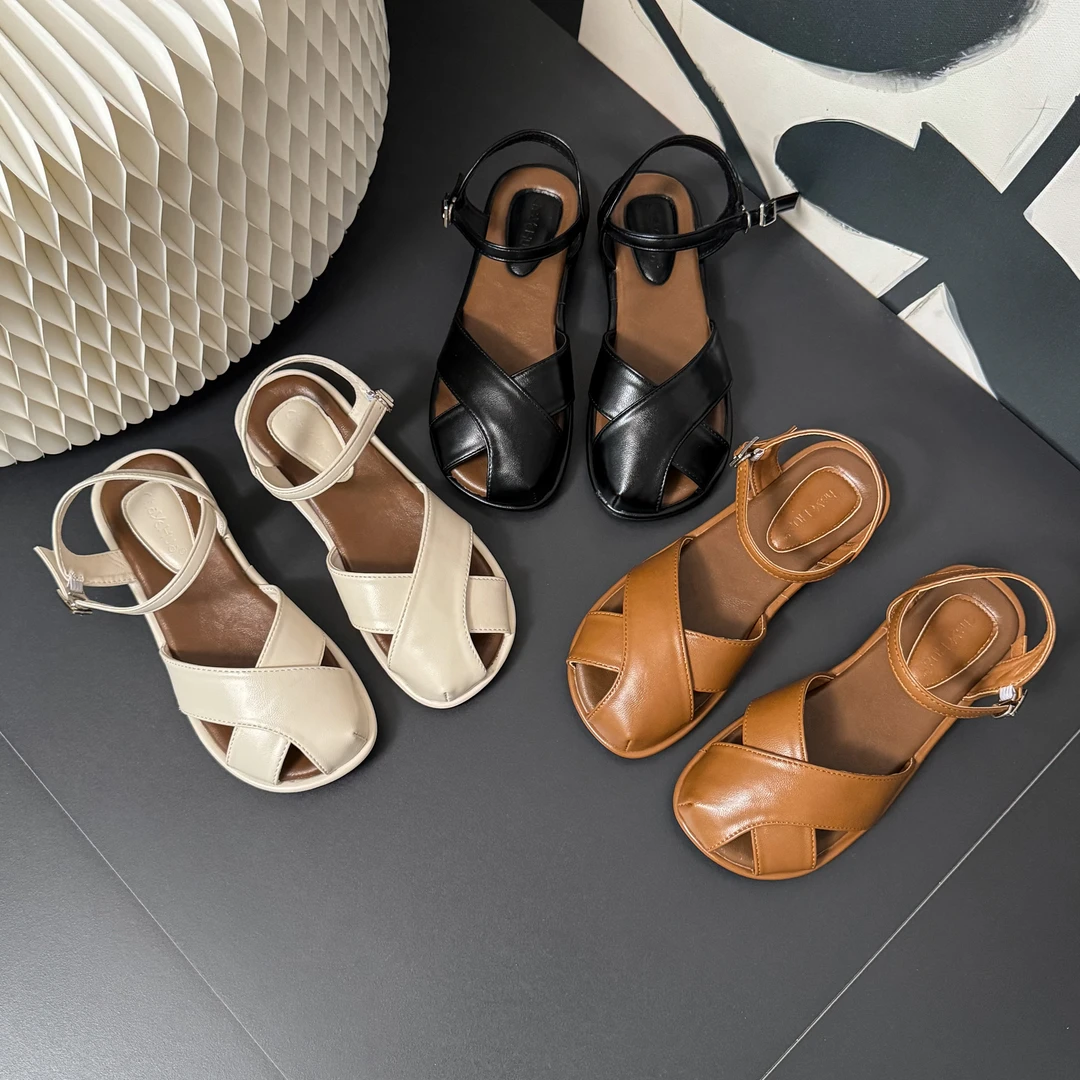 【BY】复古交叉编织鞋罗马鞋女夏2025新款后空扣带休闲平底包头凉鞋