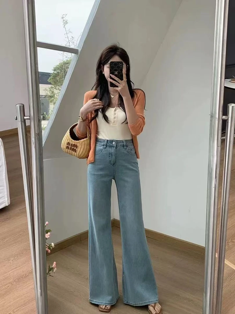 【姜】不贴腿微喇牛仔裤女夏季梨形身材胖mm显瘦大码宽松阔腿喇叭裤