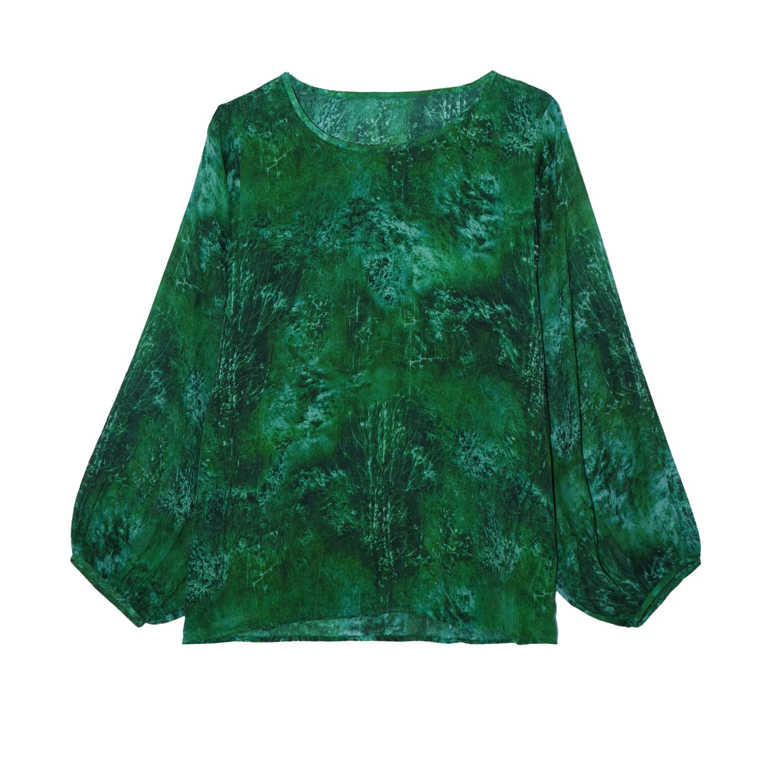 岚绘 新款国风100桑蚕丝圆领设计镂空袖百搭上衣衬衫 CL-3612