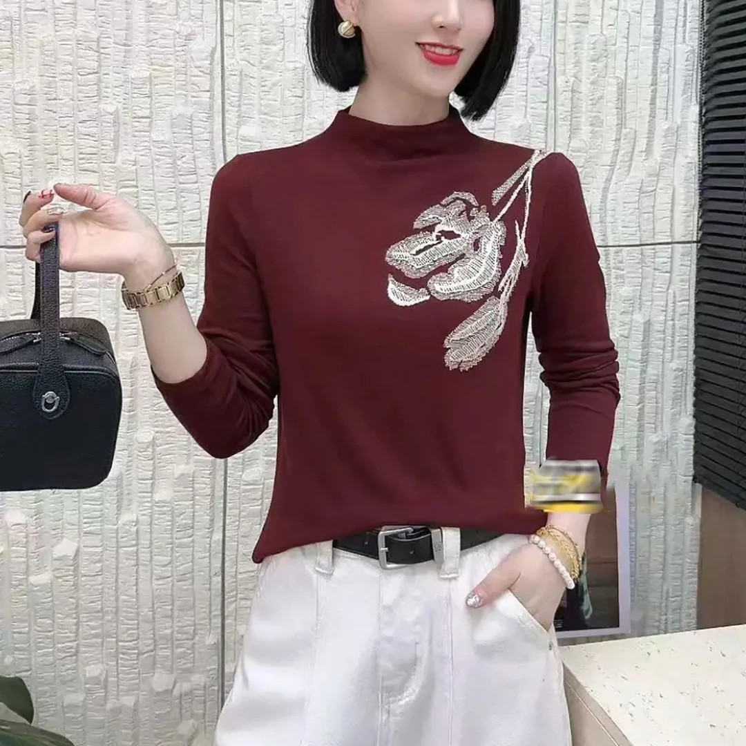 【秋季新款】时尚气质半高领印花烫钻百搭显瘦长袖小衫CQ6738衣长57