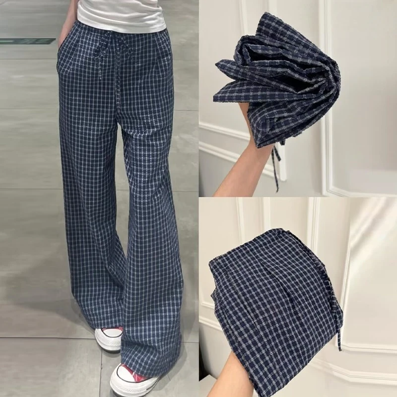 藏青色格子裤女夏季新款高腰垂感阔腿裤宽松显瘦休闲直筒拖地长裤