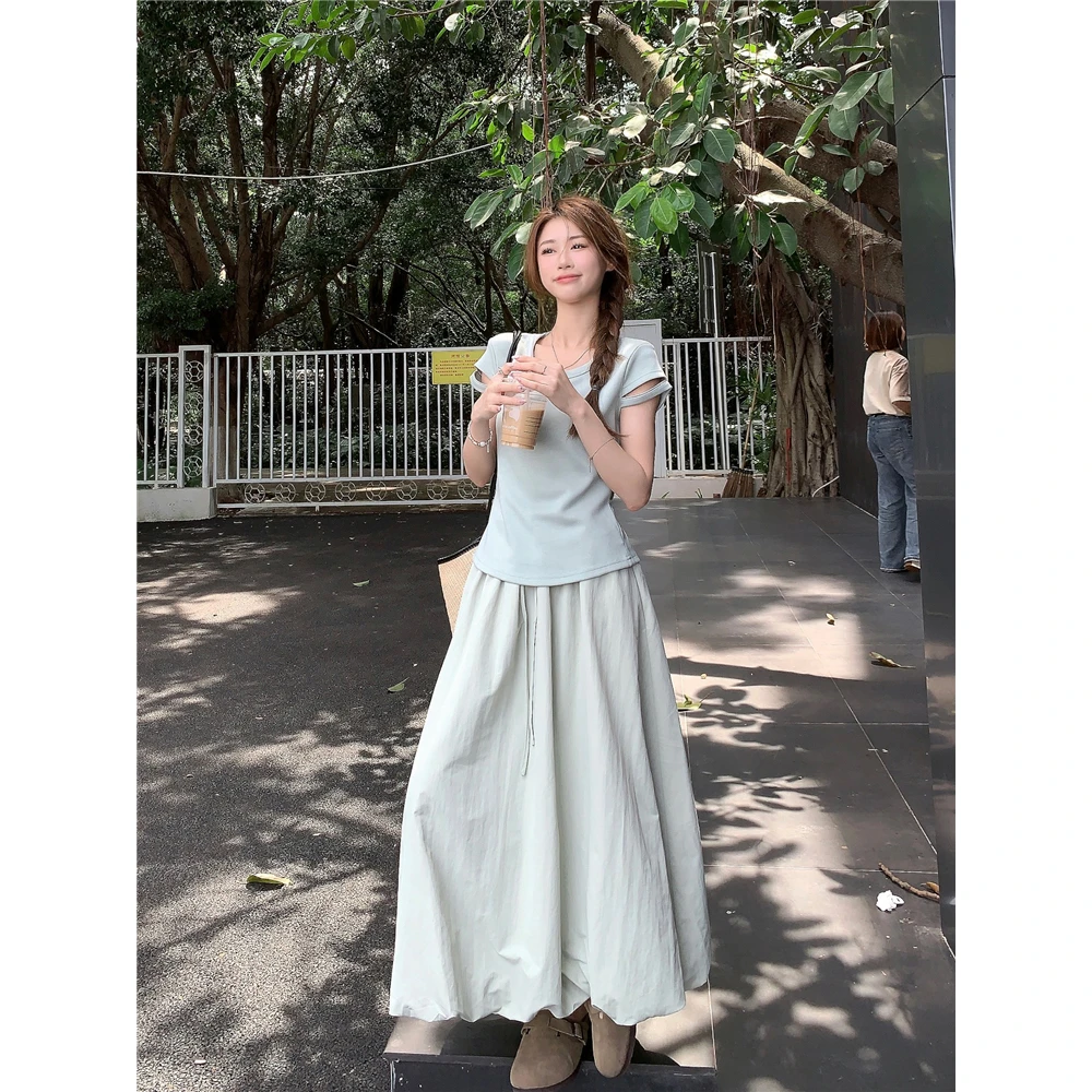 【鱼白专属】【运补6-10】大码修身短袖T恤女收腰短款上衣高腰半身裙