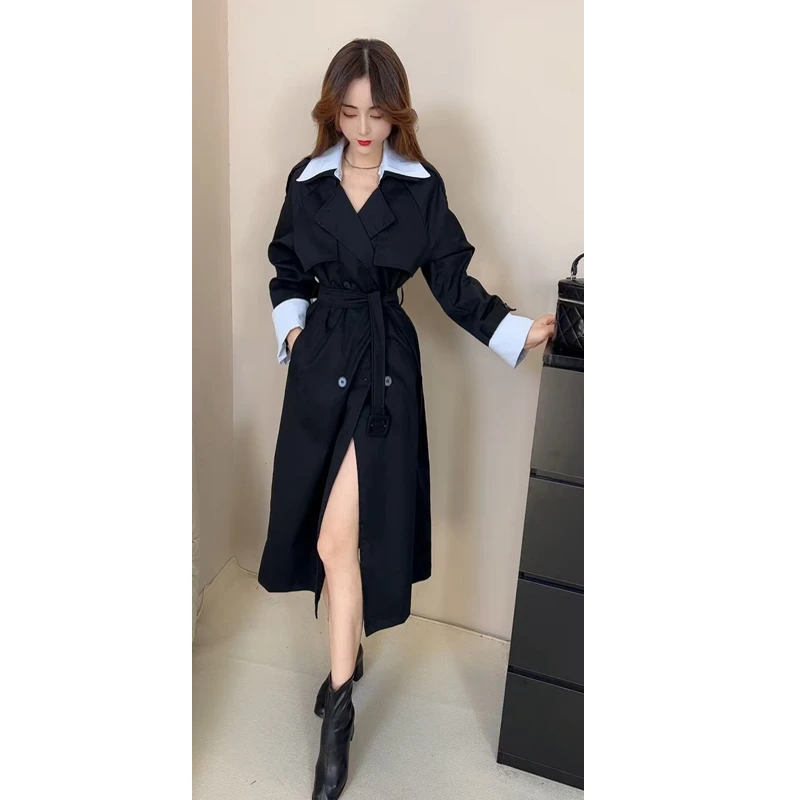 含腰带/名媛风气质洋气撞色拼接风衣女中长款显瘦系带休闲外套潮