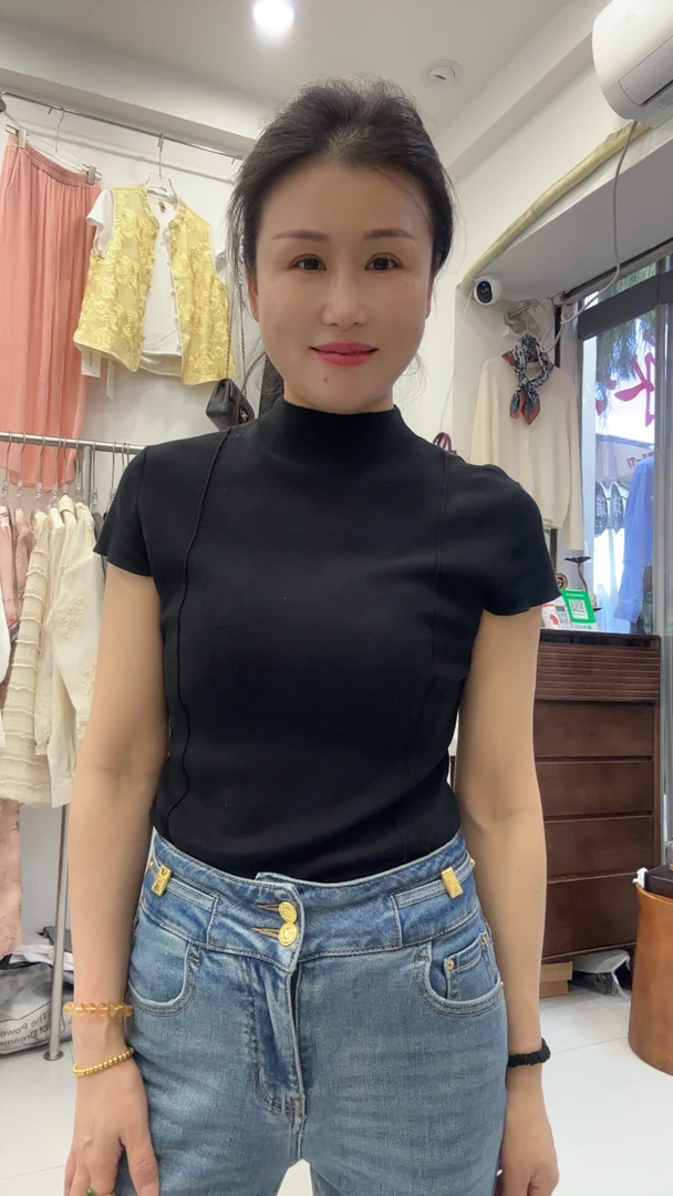 半高领简约设计短袖上衣修身显瘦百搭气质打底