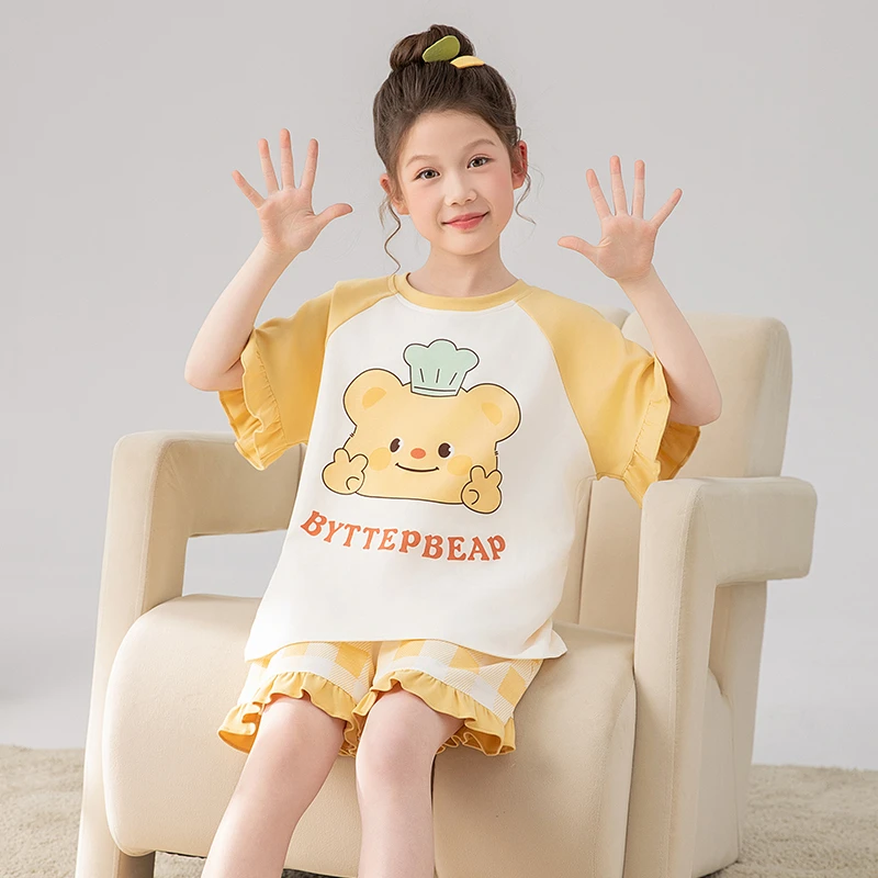 bejirog/北极绒洋气可爱风女大童夏季新品短袖纯棉睡衣外穿两件套