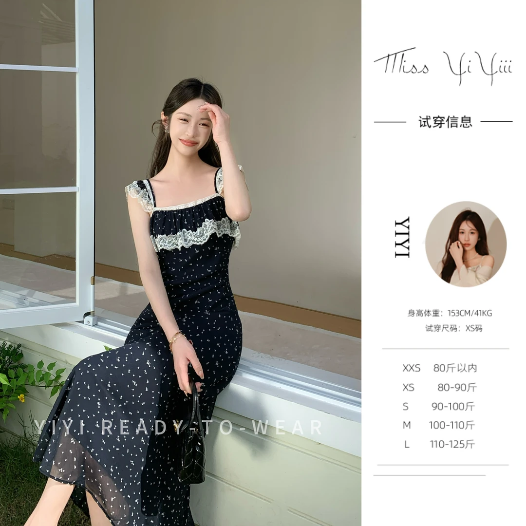 【小苍兰】<YiYiii>小个子蕾丝连衣裙斜裁印花显瘦遮肉长裙