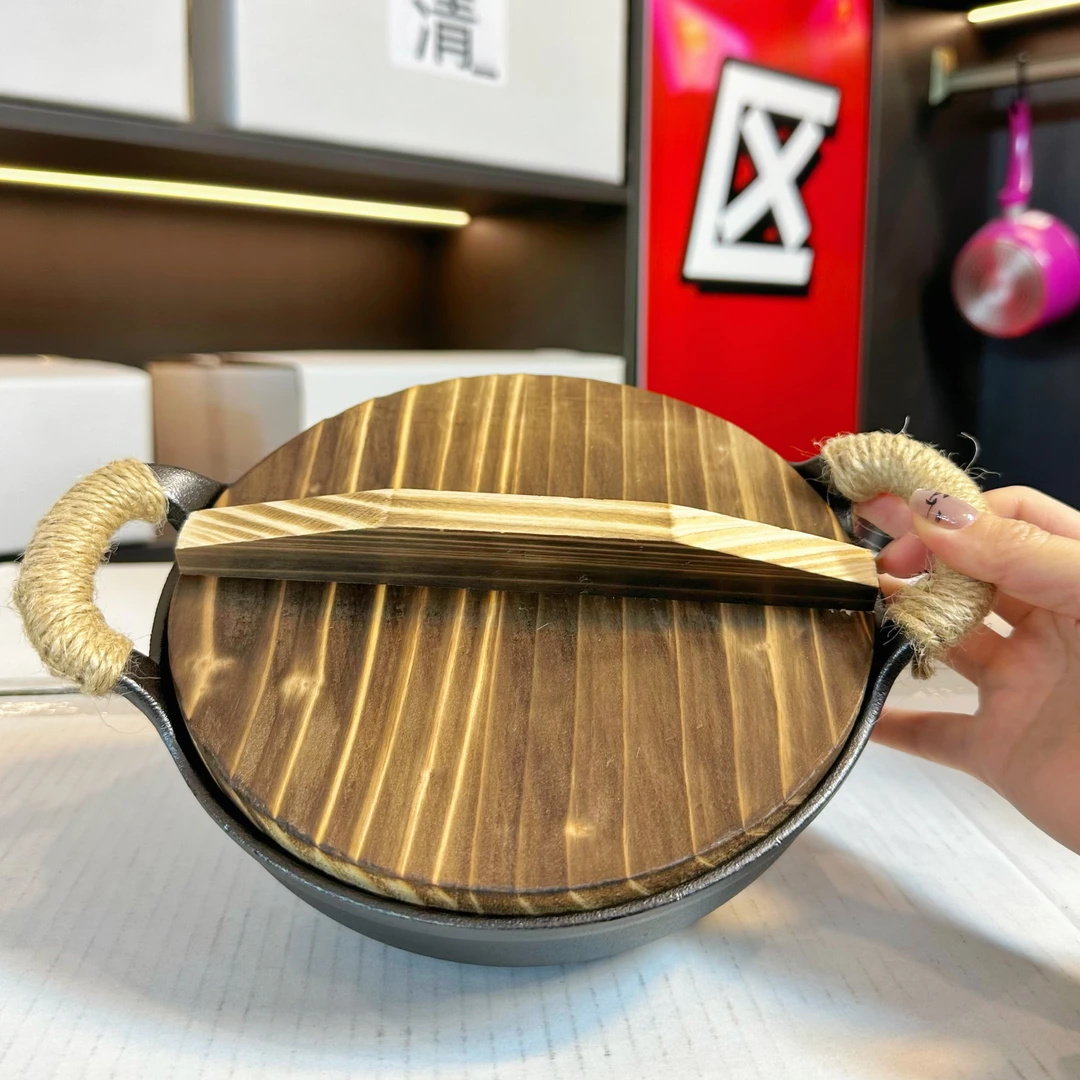 20CM锅+木盖加厚铸铁元宝锅电磁炉老式铸铁锅鸡公煲日式家用蒸